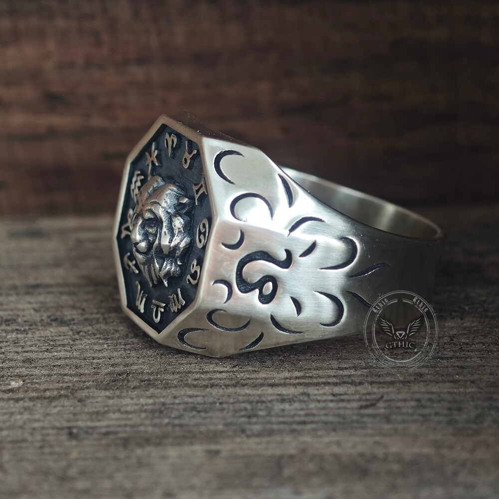 12 Constellations Zodiac Sterling Silver Octagonal Ring