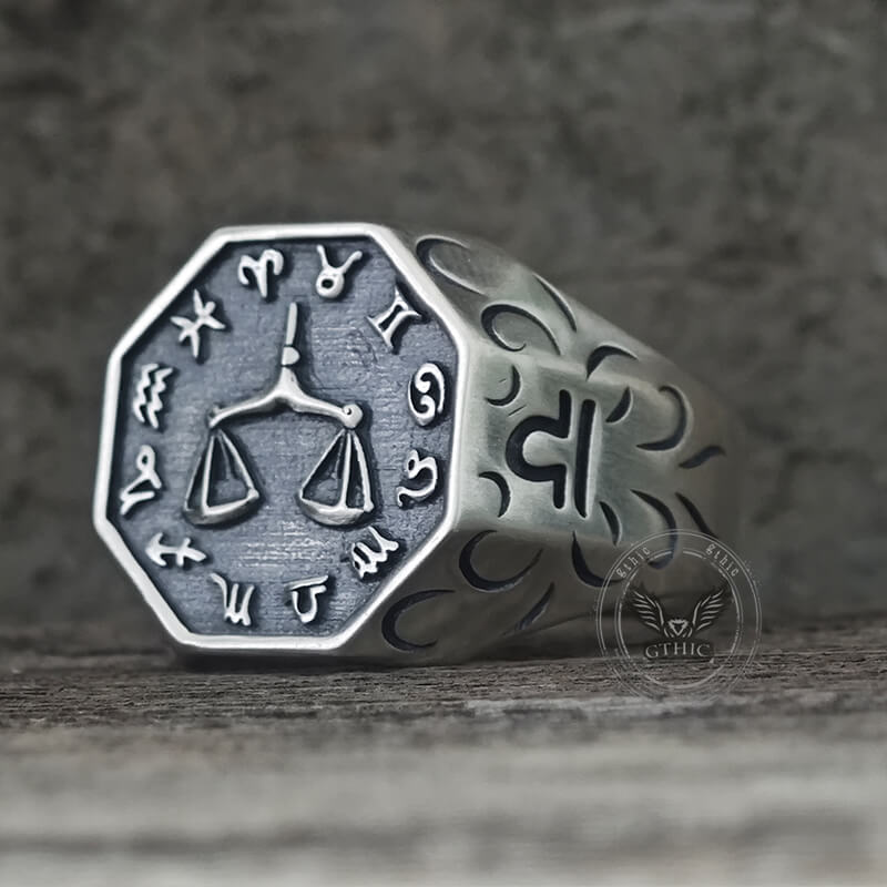 12 Constellations Zodiac Sterling Silver Octagonal Ring
