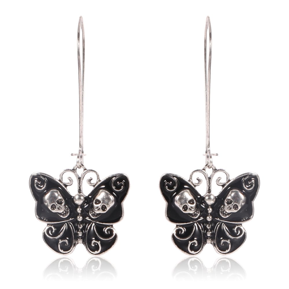 Gothic Black Skull Butterfly Earrings