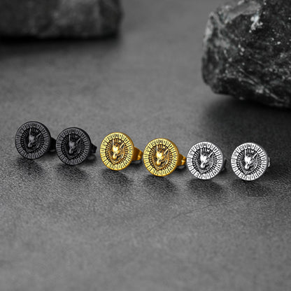 Viking Wolf Head Stud Earrings With Runes for