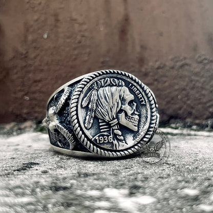 1936 Hobo Nickel Coin Sterling Silver Skull Ring