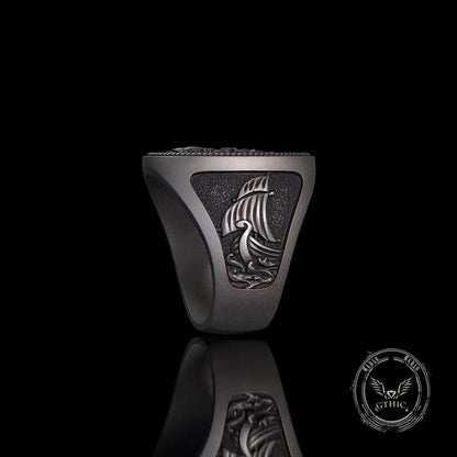 1936 Pirate Skull Sailboat Eagle Sterling Silver Ring