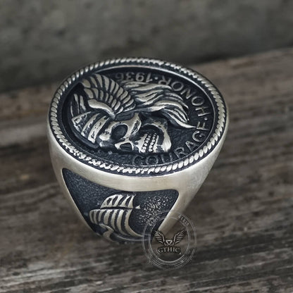 1936 Pirate Skull Sailboat Eagle Sterling Silver Ring