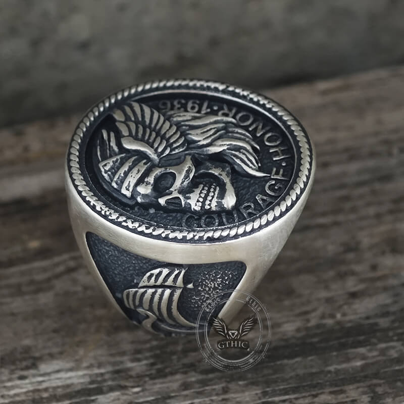 1936 Pirate Skull Sailboat Eagle Sterling Silver Ring