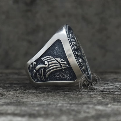 1936 Pirate Skull Sailboat Eagle Sterling Silver Ring