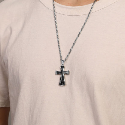 Thick Christ Simple Cross Necklace With Black Enamel Dotted