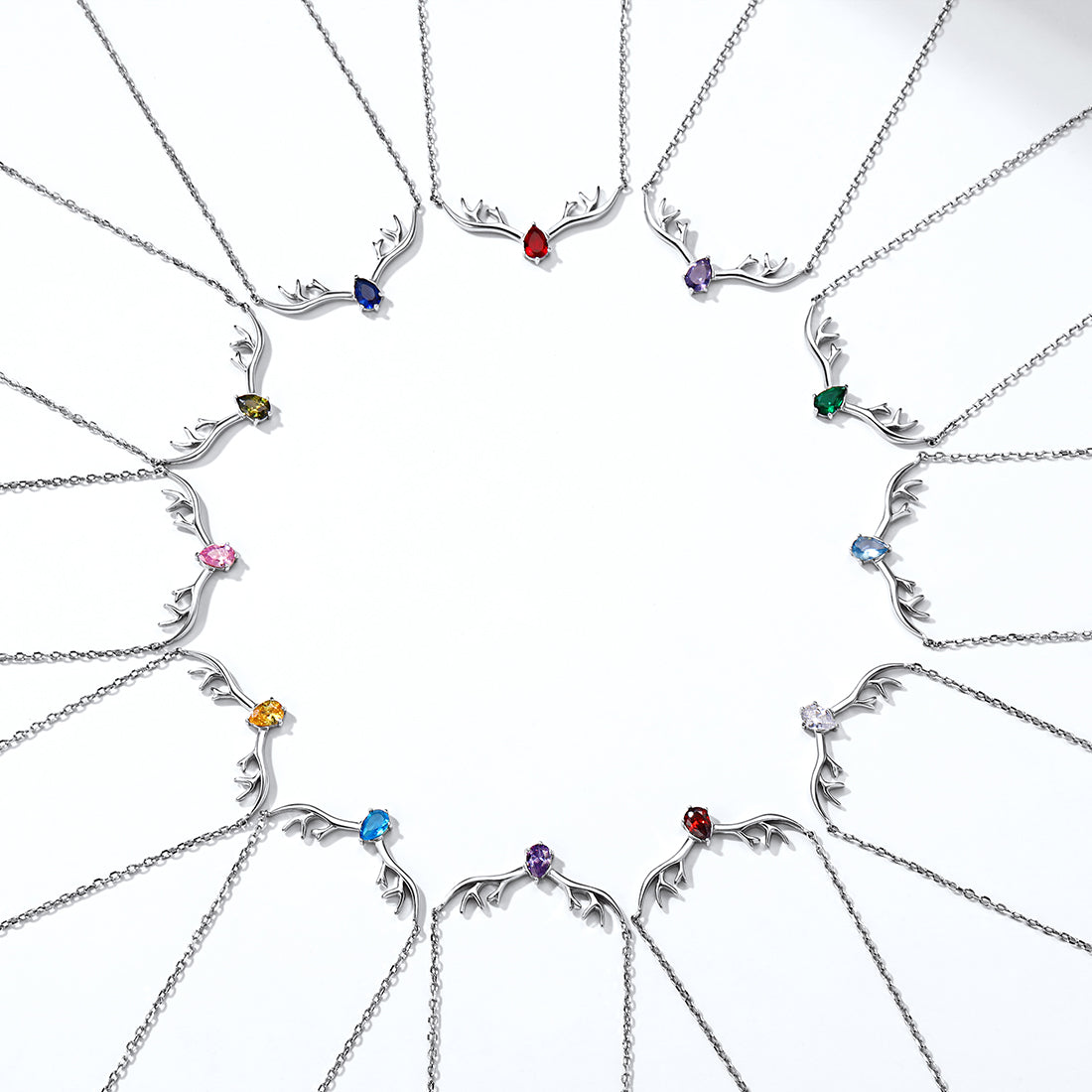 925 Sterling Silver Birthstone Deer Antler Necklace for
