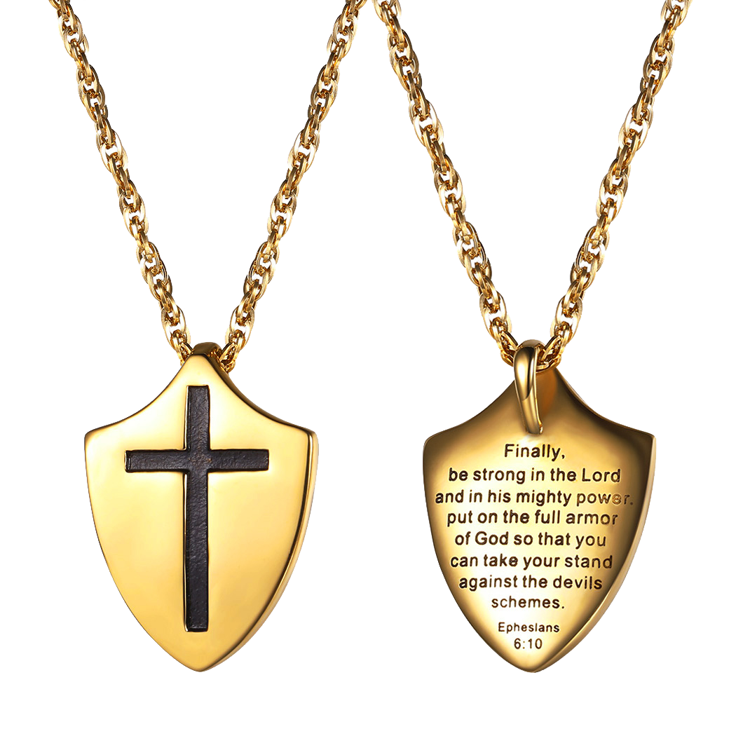 Christian Cross Shield Pendant Necklace With Ephesians 6:10 for