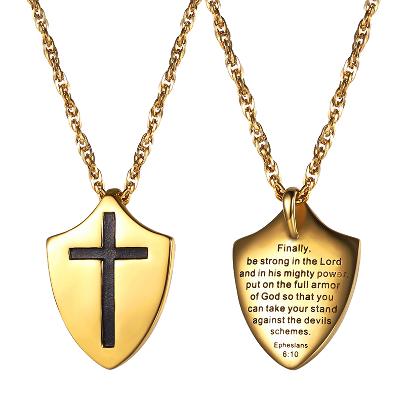 Christian Cross Shield Pendant Necklace With Ephesians 6:10 for