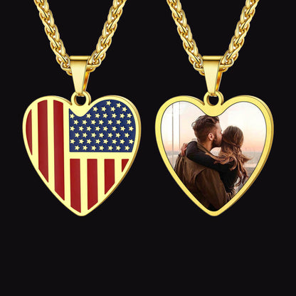 Customized Heart American Flag Necklace With Picture for