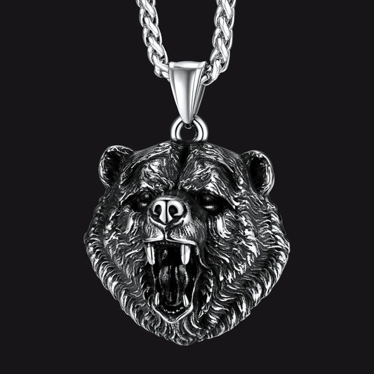 Wild Roaring Bear Head Pendant Necklace for