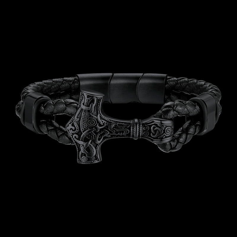 Viking Black Engraved Leather Braided Wristband Bracelet for