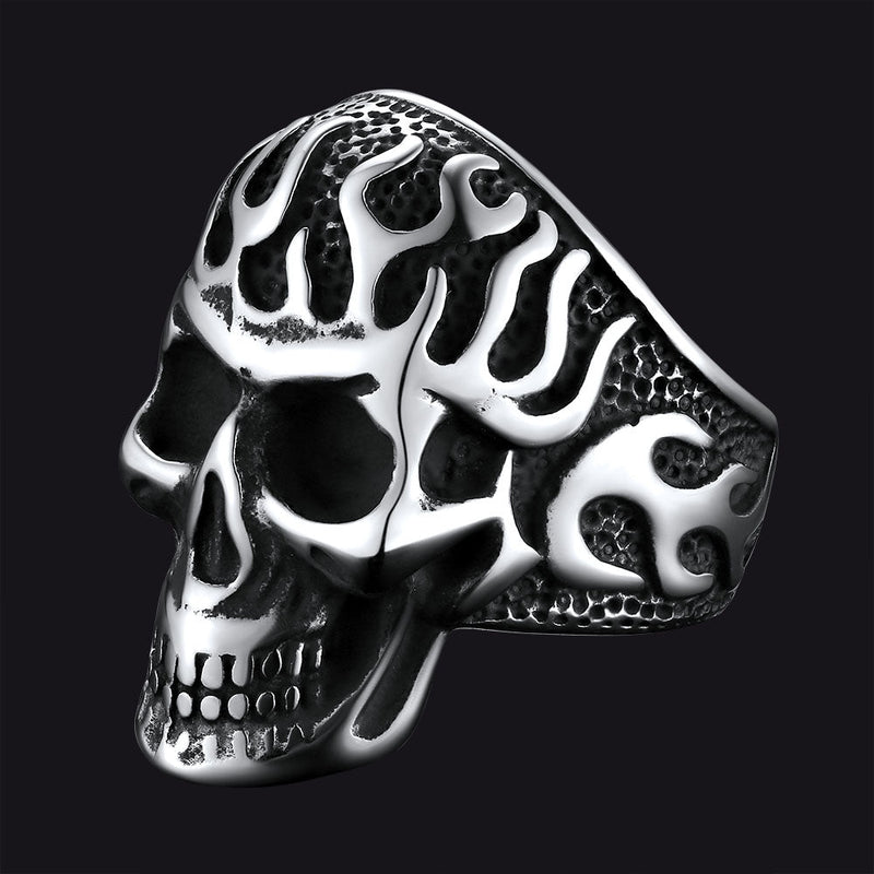 Gothic Fire Flaming Skull Stainless Steel Ring for