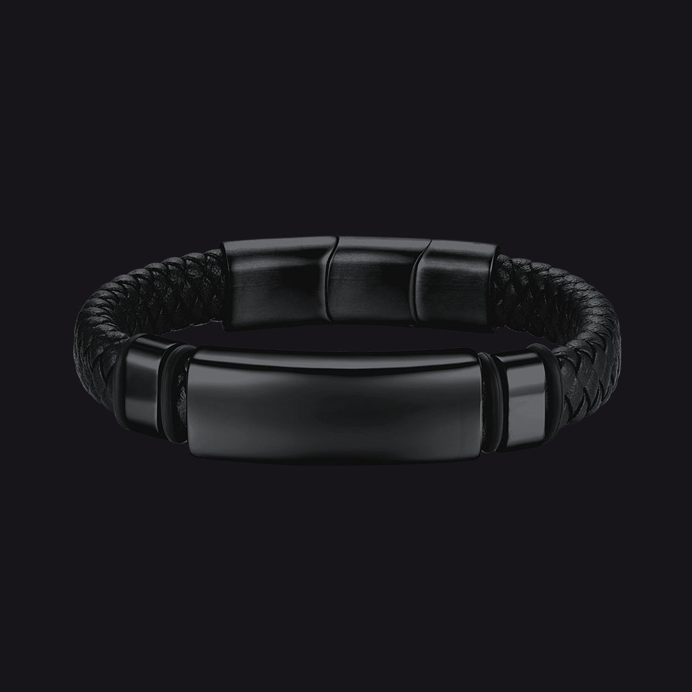 Custom Braided Black Engraved Leather Bracelet Cuff for