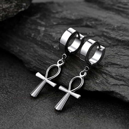 Ankh Cross Dangle Hoop Earrings for