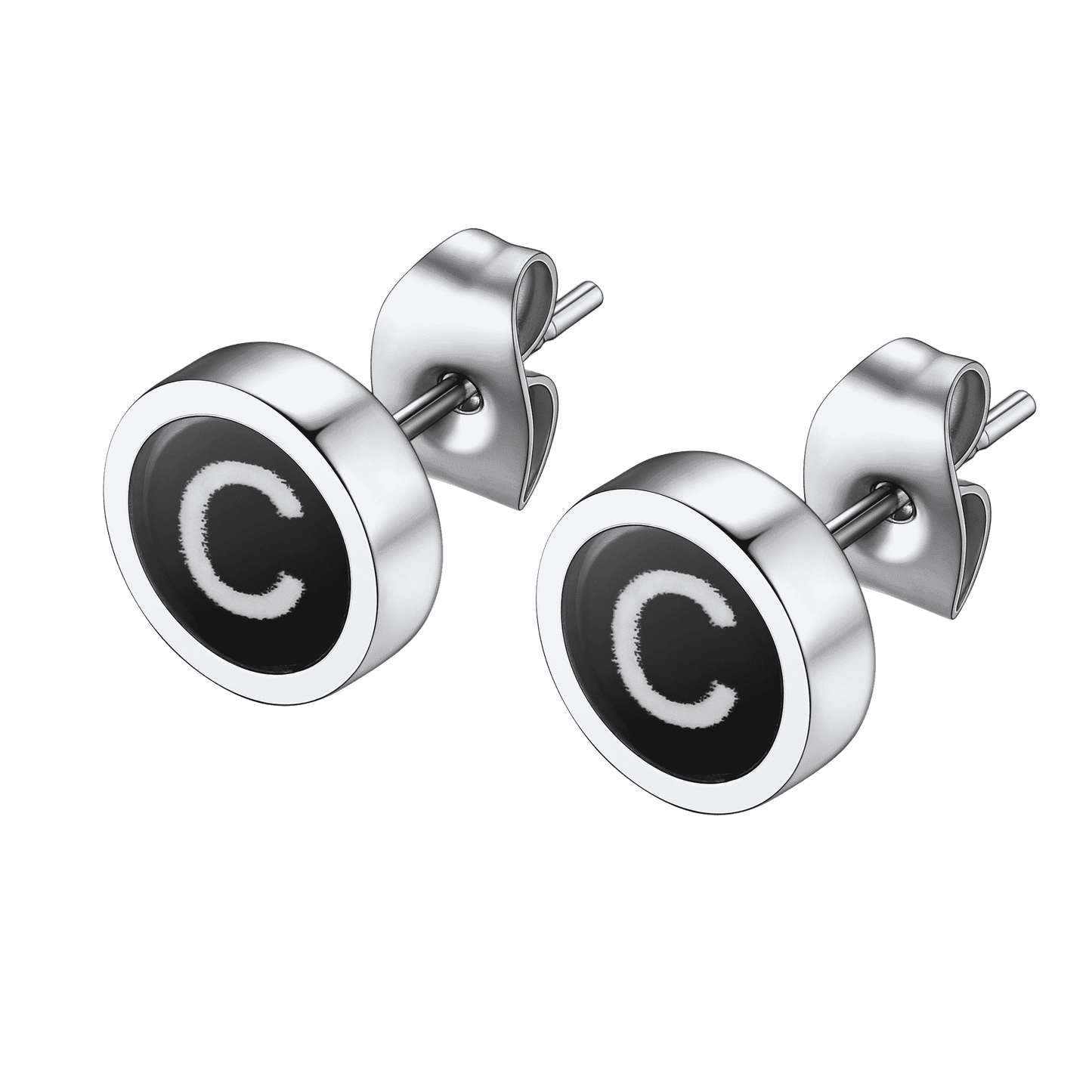 Personalized Black Enamel Initial Letter Stud Earrings for