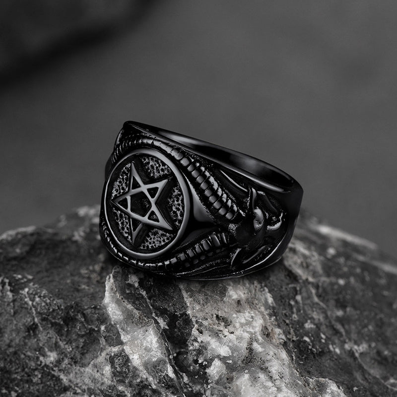 Satanic Goat Pentagram Ring Baphomet Ring for