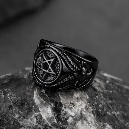Satanic Goat Pentagram Ring Baphomet Ring for