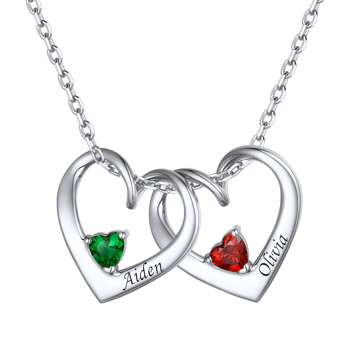 Sterling Silver Personalized 1-5 Hearts Birthstones Necklace for Family