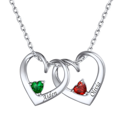 Sterling Silver Personalized 1-5 Hearts Birthstones Necklace for Family