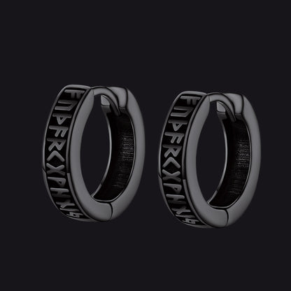 Norse Viking Runes Huggie Hoop Earrings in Sterling Silver