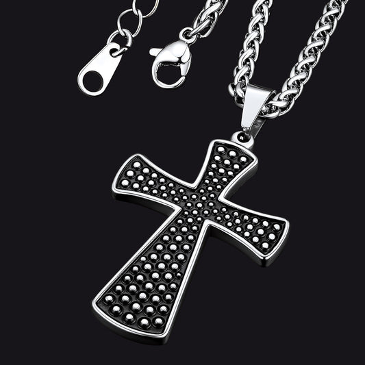 Thick Christ Simple Cross Necklace With Black Enamel Dotted