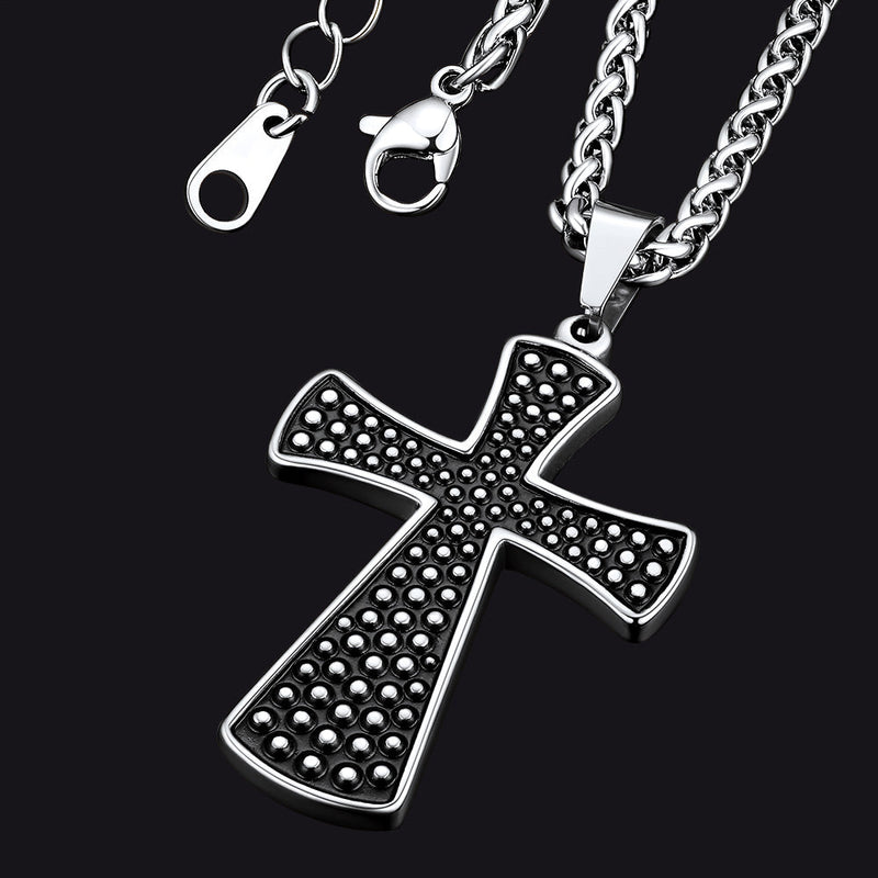 Thick Christ Simple Cross Necklace With Black Enamel Dotted