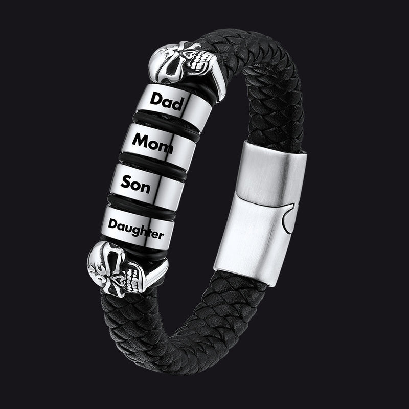 Personalized Name Beads Leather Bracelet With Skull for