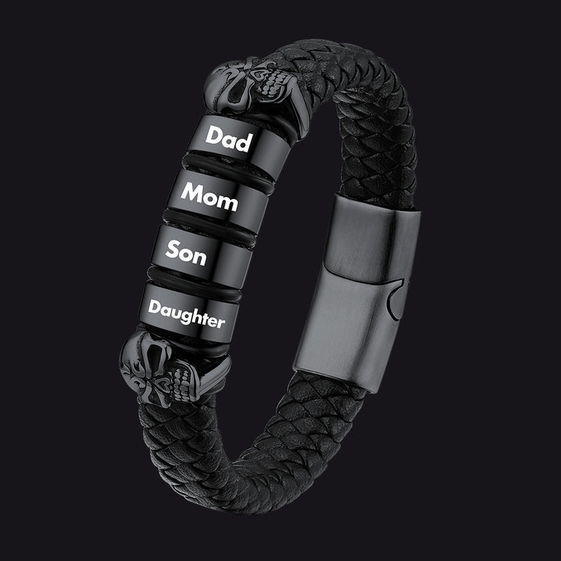 Personalized Name Beads Leather Bracelet With Skull for