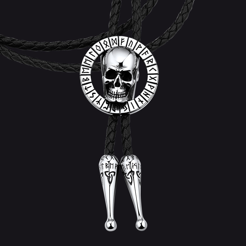 Gothic Skull Bolo Tie With Viking Rune for
