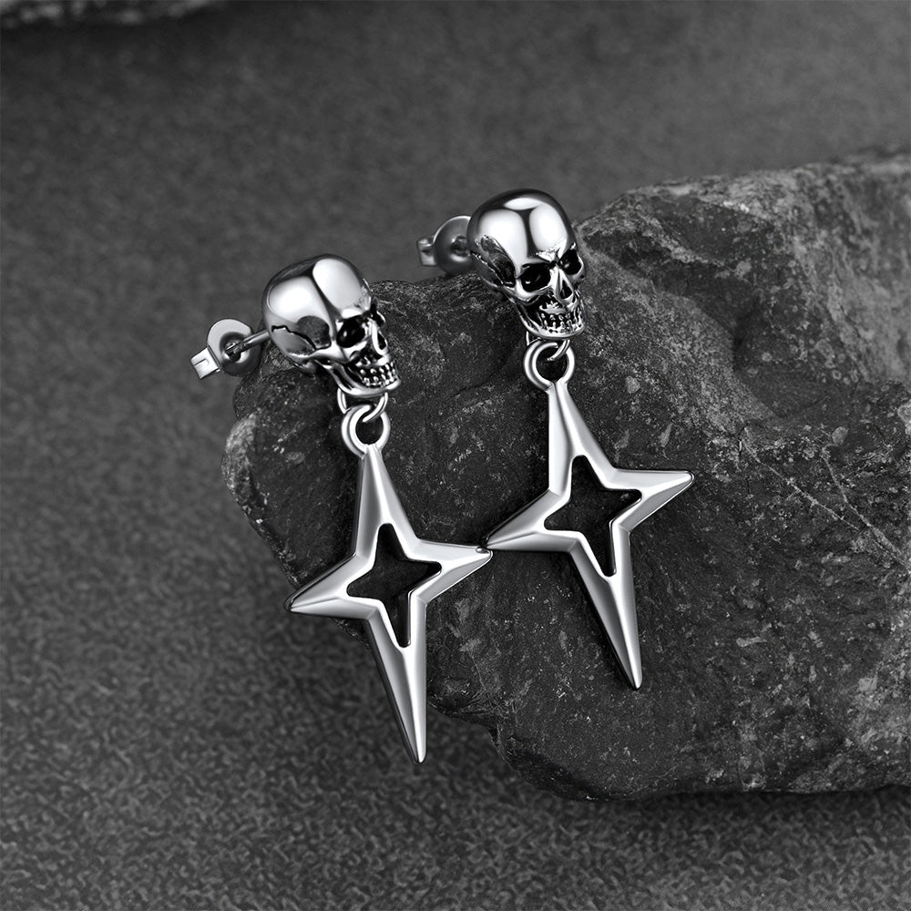 Flash Skull Dangle Stud Earrings With Cross Star for