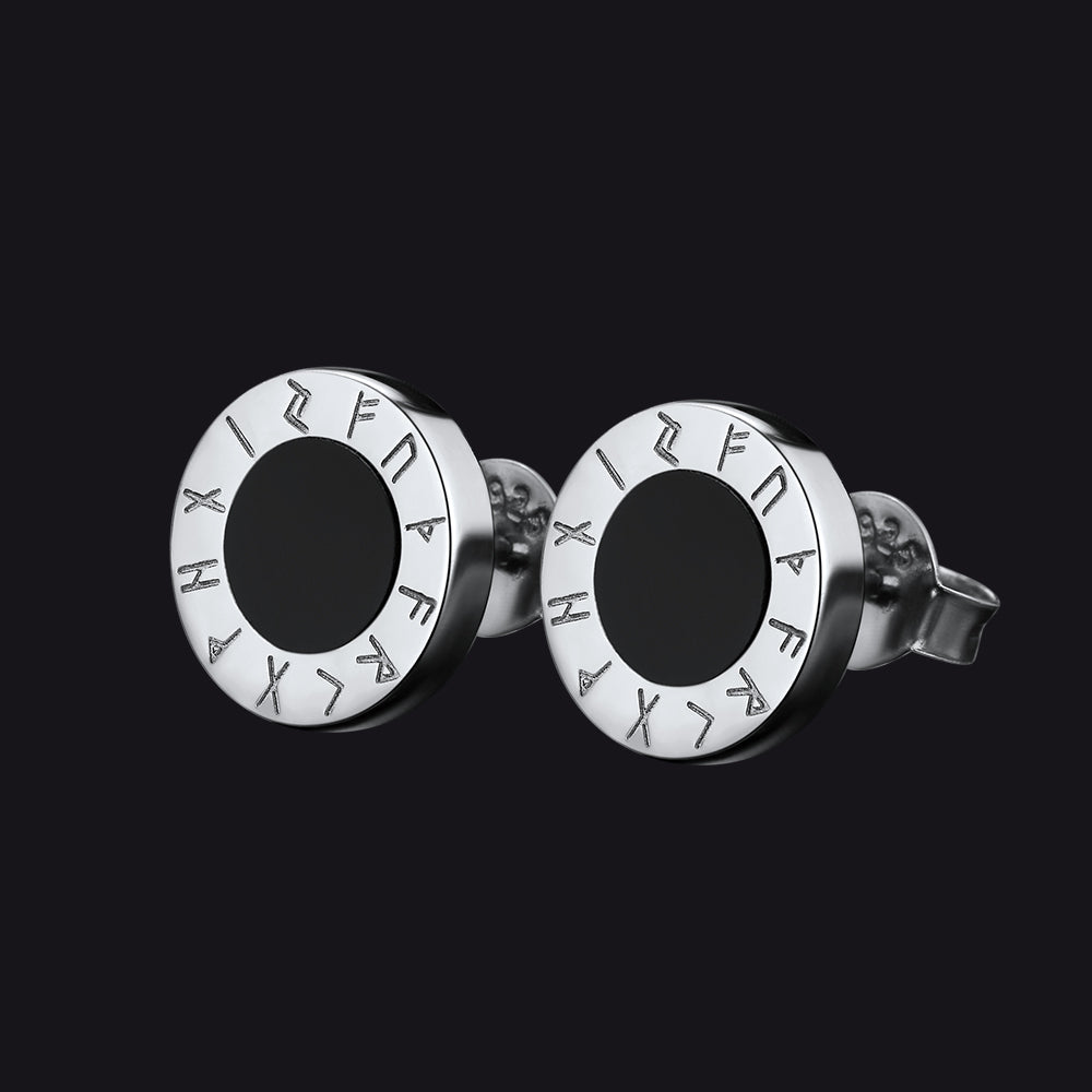 Sterling Silver Viking Runes Black Onyx Stud Earrings for