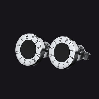 Black Onyx Stud Earrings With Viking Runes in Sterling Silver