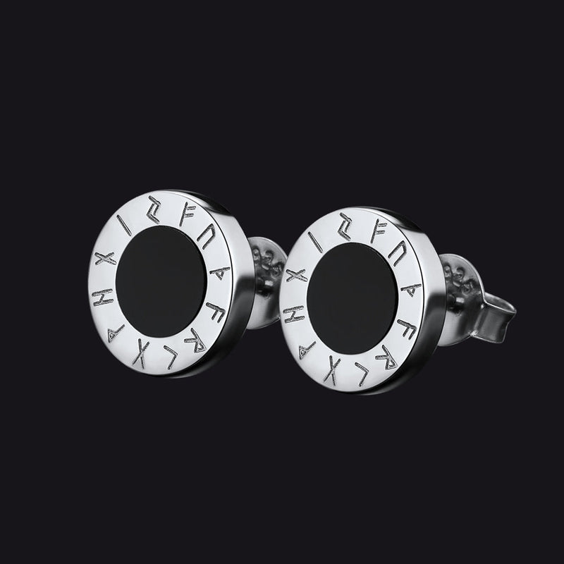 Sterling Silver Viking Runes Black Onyx Stud Earrings for