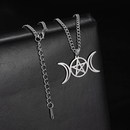 Triple Moon Goddess Pentagram Necklace