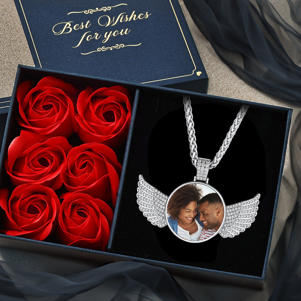 Customized Picture Circle Chain Necklace With Angel Wing Memorial Gift for
