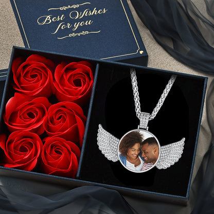 Customized Picture Circle Chain Necklace With Angel Wing Memorial Gift for