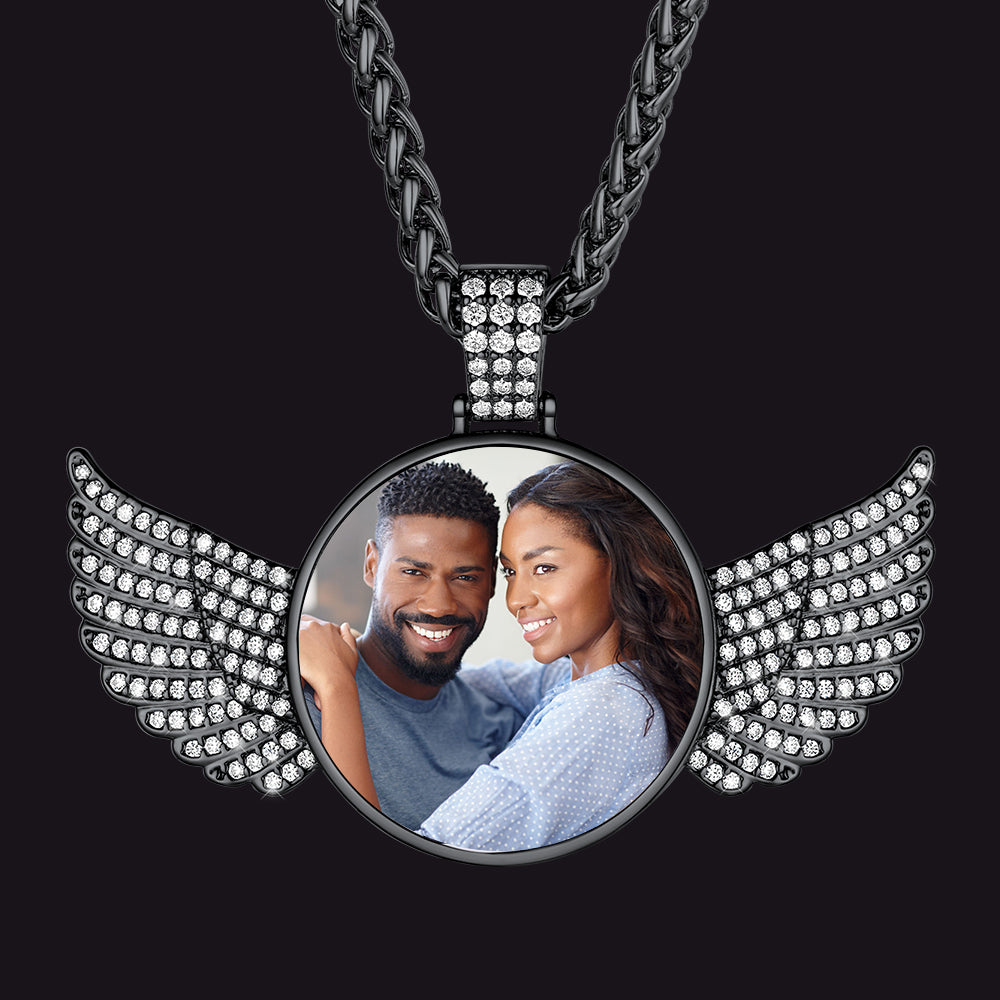 Customized Picture Circle Chain Necklace With Angel Wing Memorial Gift for