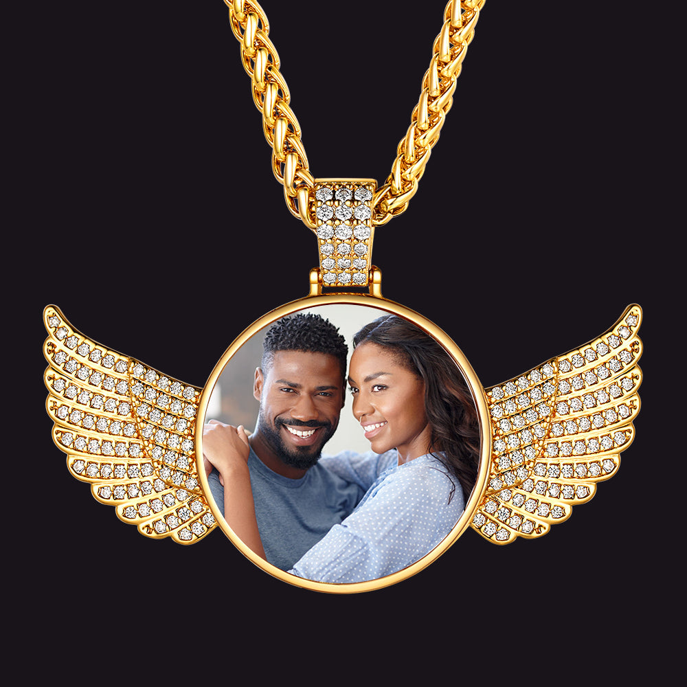 Customized Picture Circle Chain Necklace With Angel Wing Memorial Gift for