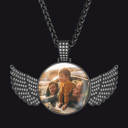 Customized Picture Circle Chain Necklace With Angel Wing Memorial Gift for