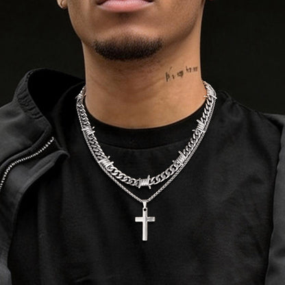 Barbed Wire Cuban Chain & Cross Layered Necklaces Set for