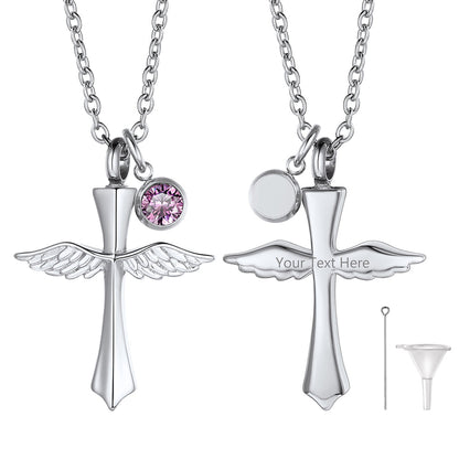 Custom Cremation Cross Wing Urn Ashes Necklace With Birthstone