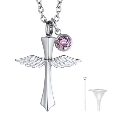 Custom Cremation Cross Wing Urn Ashes Necklace With Birthstone