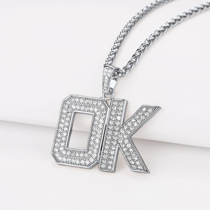 Hip Hop Cz Initials Letter Pendant Necklace for