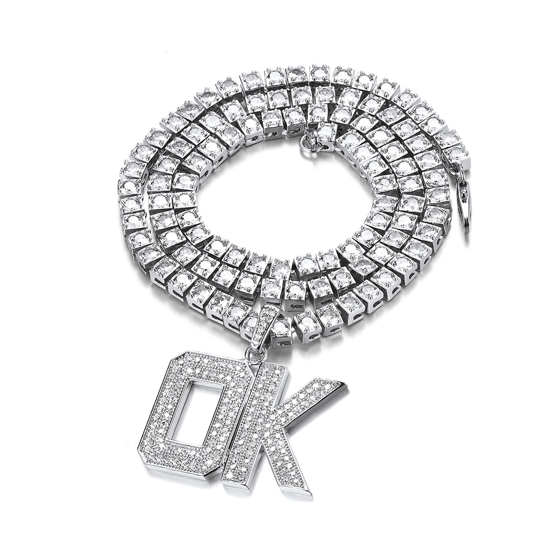 Hip Hop Cz Initials Letter Pendant Necklace for