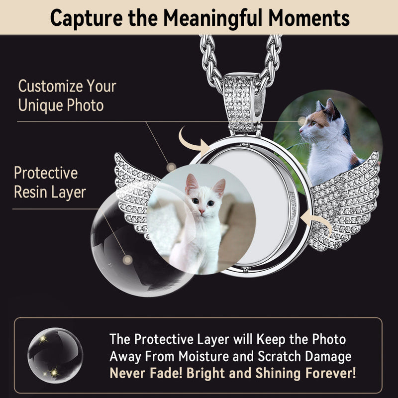 Custom Double-sided Picture Photo Circle Chain Necklace With Angel Wings for