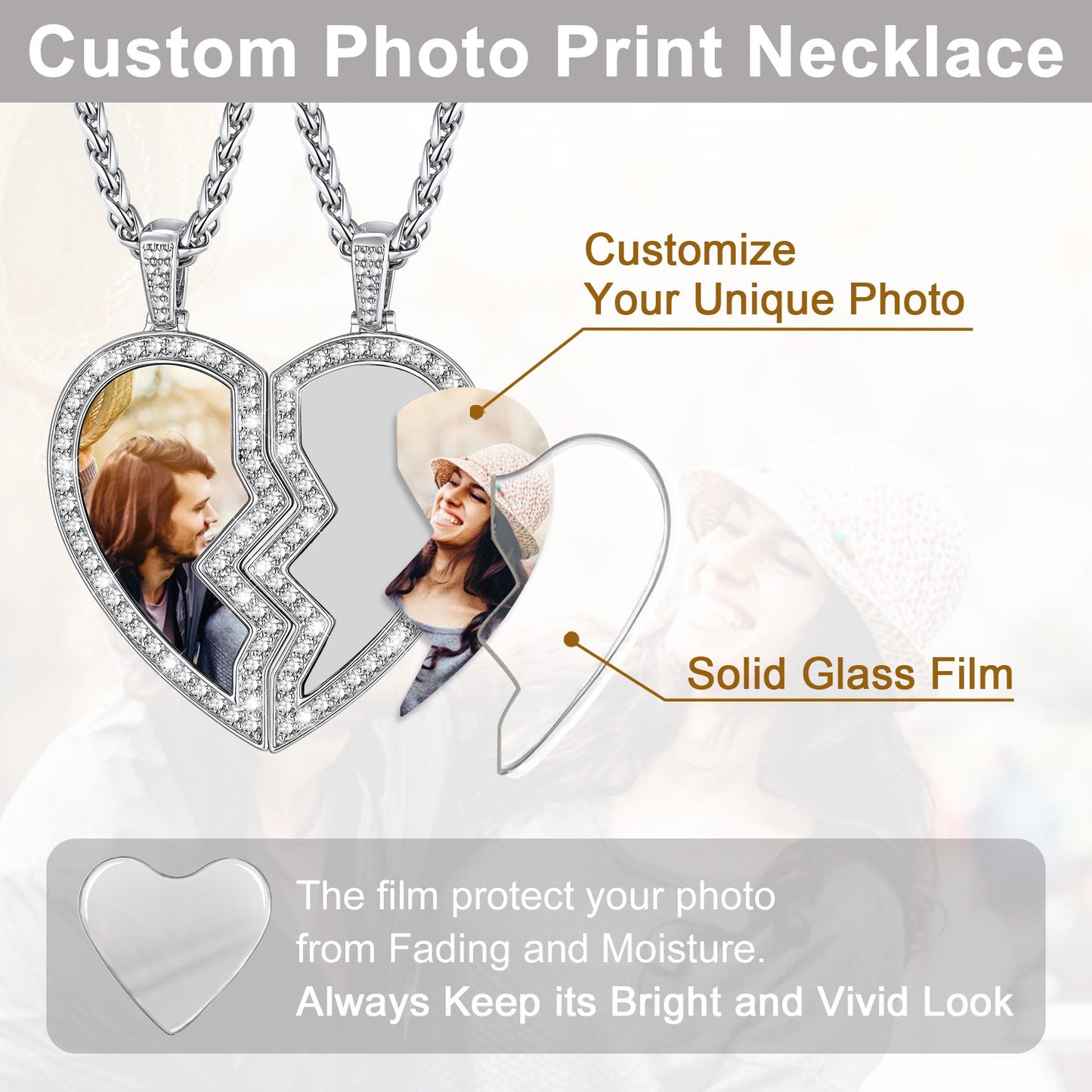 Customized Picture 2 Half Heart Matching Necklaces for Couple Bff