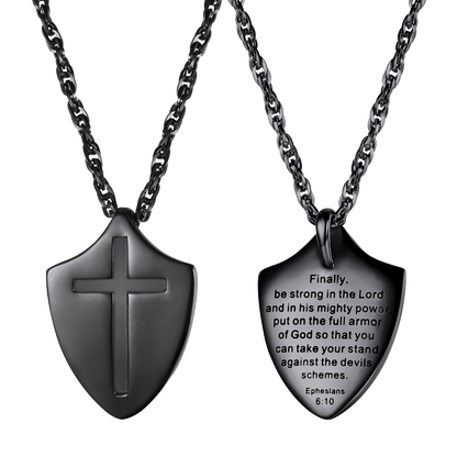 Christian Cross Shield Pendant Necklace With Ephesians 6:10 for