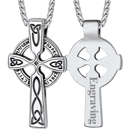 Irish Celtic Cross Pendant Necklace With Viking Runes for