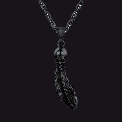 Gothic Stainless Steel Skull Feather Necklace